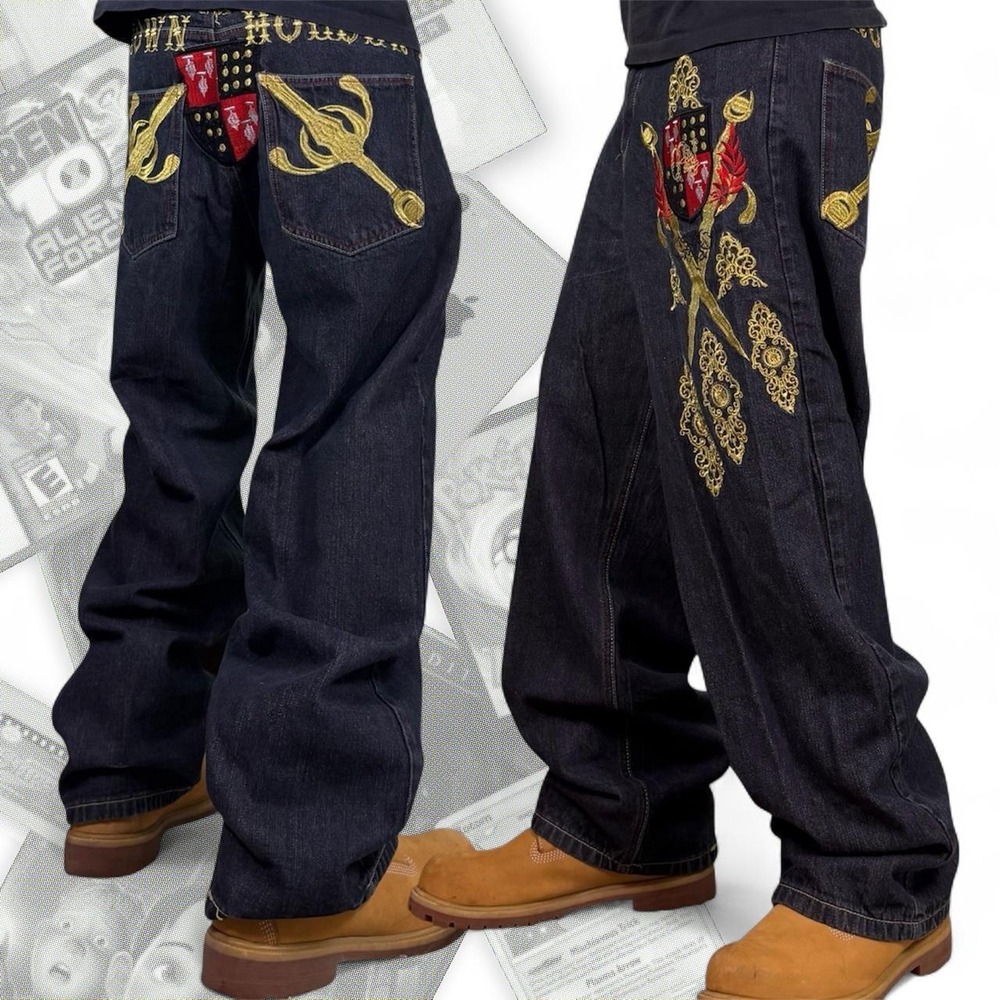 Vintage Crown Holder Y2K Graphic Embroidered Skater Grunge Denim Jeans Mens 34